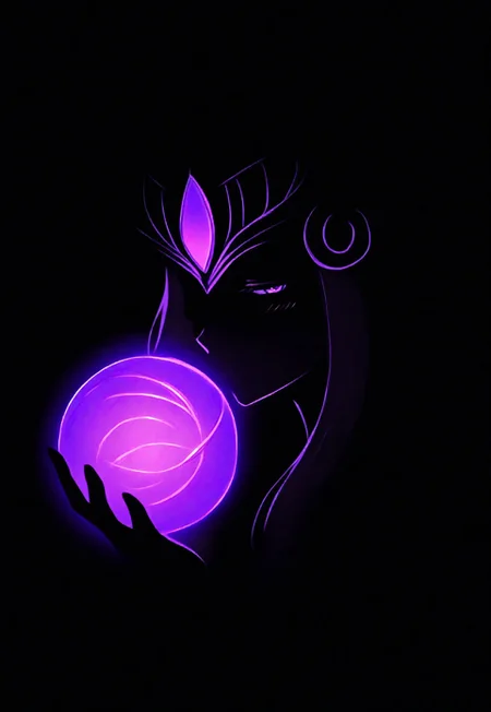 1girl, solo, (Syndra, Syndra lol), SyndraNormal, 1woman, solo, witch_outfit, crown, Syndra headpiece, mature, looking at the viewer, purple eyes, blush, monochrome, silhouette, glowing outline, blending, holding, dark_sphere, hair over shoulder, purple outline, black background, upper body, masterpiece, best quality, very aesthetic
