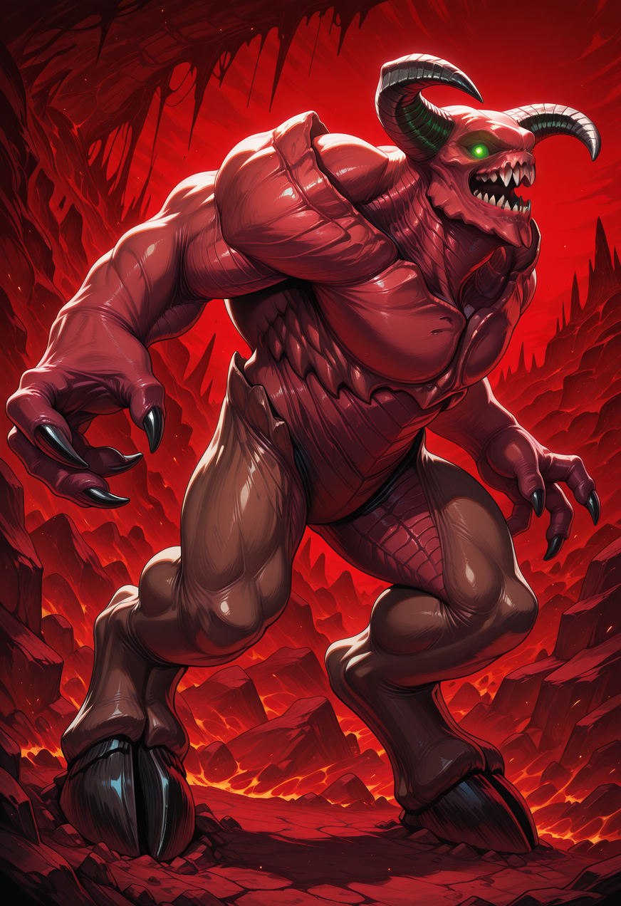 full-length portrait, solo, hell, red sky, dynamic pose, male focus, b4ron0fh3ll, monster, red skin, sharp teeth, glowing eyes, green eyes, brown legs, muscular,  <lora:illustriousXL_stabilizer_v1.23:0.8> <lora:BaronOfHell_DOOM2016_V1_ILXL:1>, perfect anatomy, masterpiece, perfect quality, best quality, detailed, newest, very aesthetic