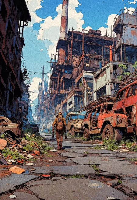 A desolate, post-apocalyptic cityscape, rendered in a digital painting style with a gritty, realistic feel, depicts the skeletal remains of a once-thriving urban environment. The image focuses on the stark contrast between the remnants of human civilization and the encroaching wilderness, evoking a sense of loss, abandonment, and the slow but inexorable reclamation of nature. The foreground features a derelict street, littered with the rusted hulks of abandoned vehicles. The vehicles are in varying states of decay, some almost completely consumed by rust and overgrown with weeds. The asphalt is cracked and broken, with patches of grass and wildflowers pushing through the fissures. A single figure, clad in worn clothing, walks away from the viewer, carrying a rifle – a stark reminder of the human element amidst the desolation. The level of detail in the debris and overgrowth adds a palpable sense of lived-in decay. The mid-ground showcases the skeletal framework of a large, industrial structure, possibly a factory or power plant. Its roof has collapsed, and the walls are crumbling, revealing the building's hollow interior. 
,  anime, cyberpunk