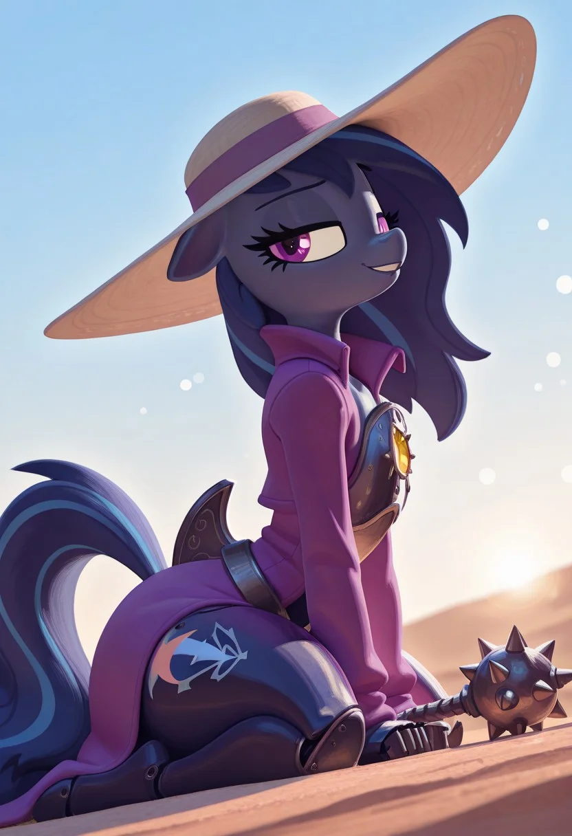 masterpiece, best quality, absurdres, highres, high quality, highly detailed, official art, gloss_(hotglossed), Hoovesart, pixelsketcher, Rapscallionstyle, 3d, stylized realism, (bokeh:1.1), no lineart, sparse forest overlooking a high desert, blue sky, 
pony /(my little pony friendship is magic/), stallion, solo, detailed face, dull purple coat, dark blue mane and tail, side view, sitting on ground, armored saddle with chest plate (rusted, futuristic), small chest plate, mace attached to tail, lidded eyes, relaxed demeanor, soft lighting, rim lighting, sun hat,