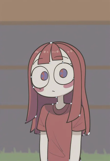 masterpiece, best quality, high resolution, absurdres, solo, 1girl, pomni_(the_amazing_digital_circus), two-tone_eyes, hot red_hair, straight_hair, white_skin, blush_sticker, hot red_shirt, hot red_eyes, library, grass, happy, looking_at_viewer, standing, female_focus, upper body, portrait, chibi:1.9