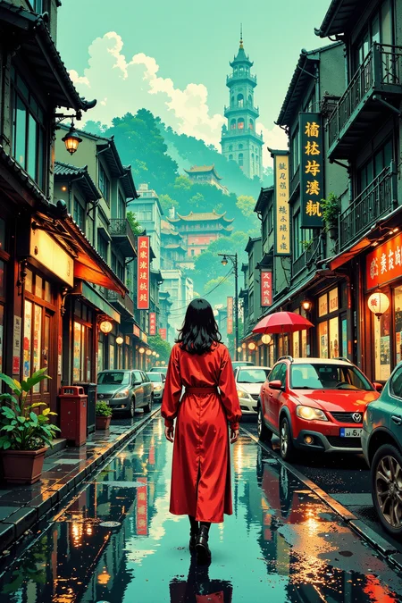 a retro vintage city beautiful landscape, rainy day, woman, very intricate, very detailed, sharp, bright, colorful, <lora:Hand v2:0.5> <lora:Anti-Blur:1><lora:Insane Detail Slider:0.25> <lora:flux.1_lora_flyway_Epic-detail_v2:0.3> <lora:fluxenhancer:0.25> <lora:ROWER:0.6> <lora:flux-charmer-v1-1:0.4><lora:Vibrantly_Sharp_style_v.5:0.4> <lora:realanime:0.7> <lora:Chinese_Ink:0.3> chinese ink style