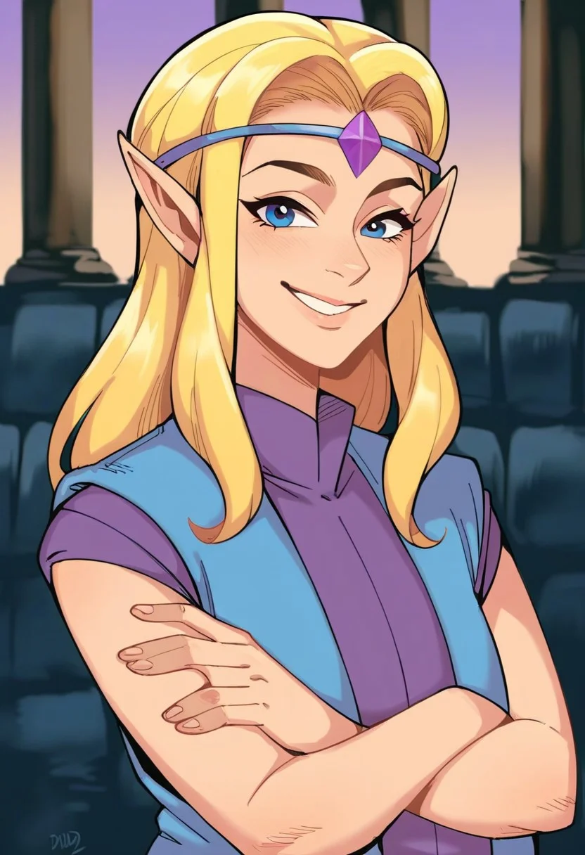 score_9, score_8_up, score_7_up, source_anime, 1girl, solo, z3ld4 cdi, blonde hair, blue eyes, circlet, pointy ears, purple shirt, blue vest, upper body, looking at viewer, crossed arms, smile