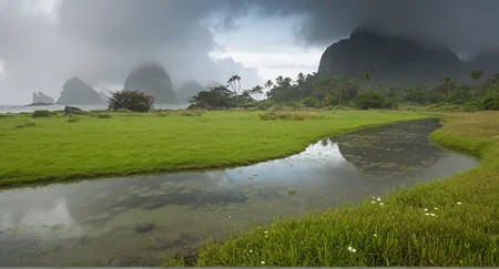 (no human:1.18), (scenic open landscape:1.32) view over (rocky outcrop overlooking (tree covered mountain island, exotic island, white sandy beaches, Turquoise colored ocean, ) and reflection in a vast scenic landscape photography,
Clear creek water, Fish schools, Meadow grasses: swaying, Rocky cliffs (Early morning mist, grayish light, soft, diffused illumination, dew reflecting the muted hues, dew drops, dew-damp spider webs on grass of meadow,),
, p4
p4,s3