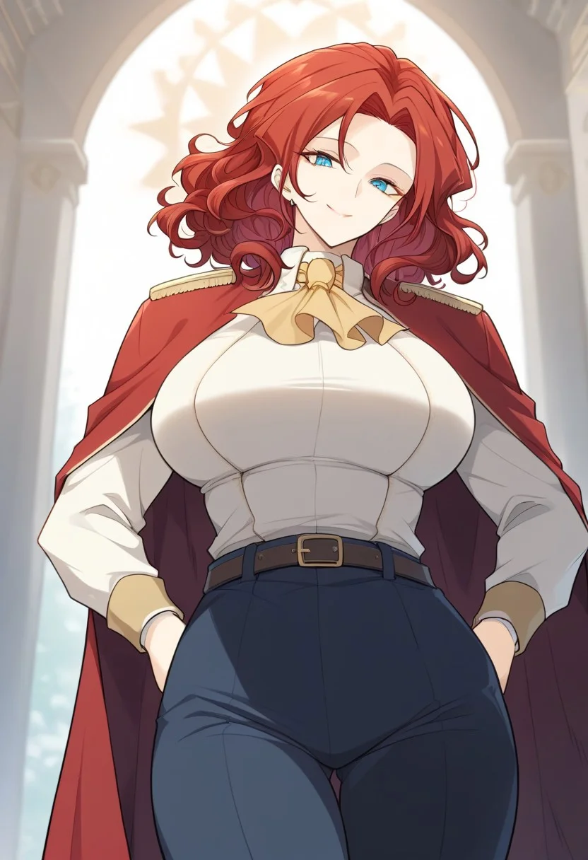 score_9, score_8_up, score_7_up, 1girl, mature female, alicia, red hair, blue eyes, standing, hands on hips, looking at viewer, bottom up view, against diving, female focus, in front of a throne, palace, volumetric lighting, uniform, hands on waists, bewitching smile, Expressiveh, mature female, alicia, red hair, blue eyes,, white shirt, yellow ascot, red cape, epaulettes, pants, belt, AliciaTermina, blue eyes, red hair, medium hair, wavy hair, Queen uniform, ponytail, working uniform