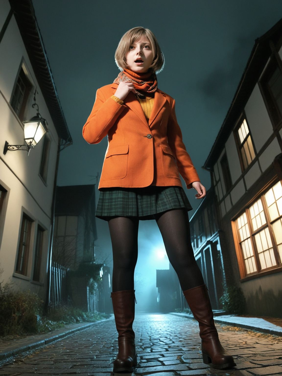 realistic,photo,cinematic,
<lora:Ella_Freya_v1_biglust:1>(ellfrya:1.2),orange jacket over sweater,adult,(ashl hair:1.2),scarf,black (pantyhose:1.2),long brown boots,green skirt,turtleneck,
none,night,village outside window,from below,running,scared,
mystical,dystopian,horror \(theme\),resident evil 4 \(remake\), best quality,