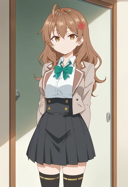 Maria Mikhailovna, 1girl, solo, brown hair, ahoge, brown eyes, long hair, hair between eyes, hair ornament,hair flower, school uniform, jacket,white shirt, green bow, collared shirt, blazer, green bowtie,open jacket, vest, green ribbon, black skirt, black thighhighs,high-waist skirt, looking at viewer <lora:Maria Mikhailovna-000013:0.9>, cowboy shot,, score_9, score_7_up,anime coloring ,source_anime, anime, anime screencap
