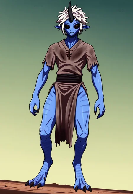 ((Alien humanoid)), solo, androgynous, aquatic features
blue skin, ((webbed skin between fingers)),
((nostrils only, nostril slits, vertical nasal slits, narrow nostrils)):1.6, ((narrow eyes)), ((black sclera, black irises)), smooth skin, pointy ears, small ears, tiny ears, holes in skin, forehead horn, short horn, veiny horn, ((single horn)):1.0, ((4 fingers)), fingernails, thin lips, ((white hair)), ((short hair, spiky hair)), sharp teeth, ((digitigrade legs)), bent legs,
full body shot
ragged clothes, muddy clothes, loincloth, tunic, dirty
Medieval style, fantasy style,
style: 4byss,
((Variety)):1.2
((dutch angle))
river background
fully clothed, loose clothing, clean lines, smooth colors, detailed fingers, sfw, source: semi-realistic, rating: pg, score: 8 up, score: 9