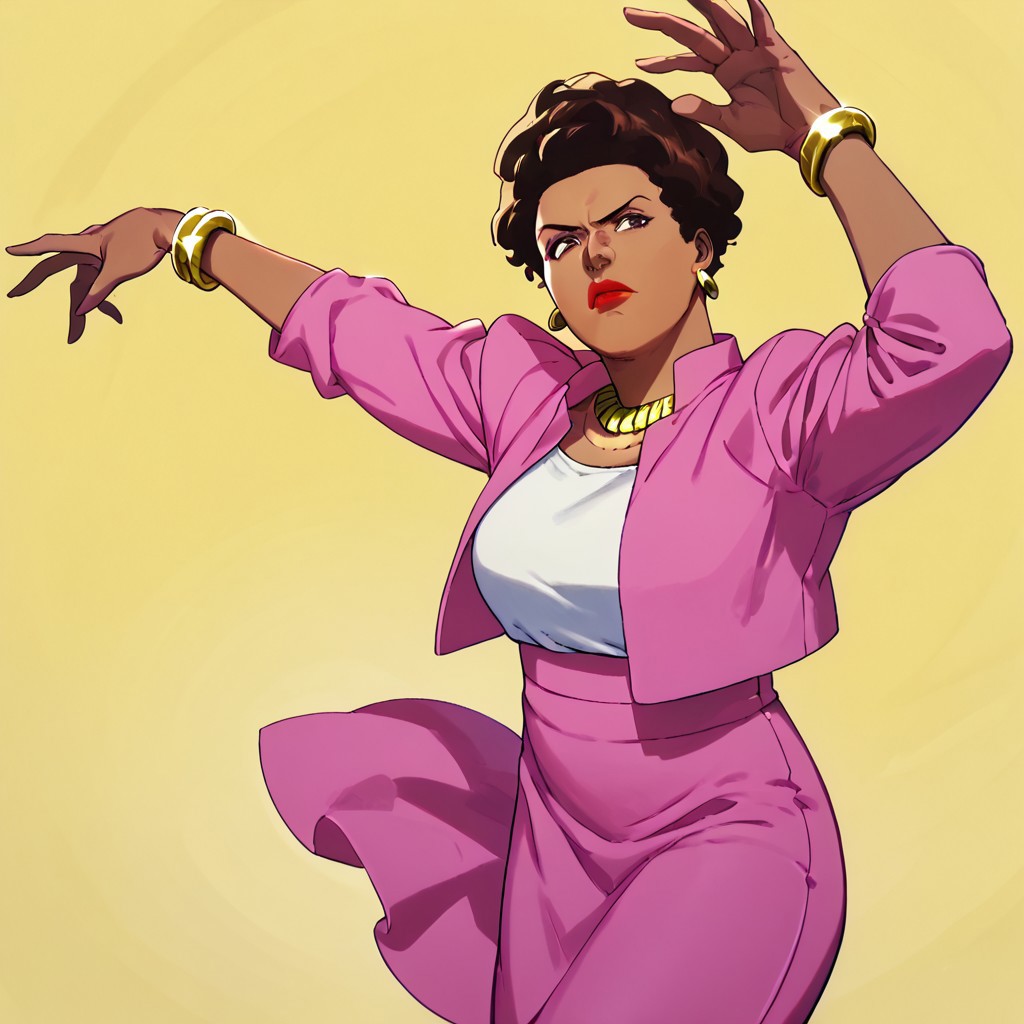 score_9, score_8_up, score_7_up BREAK AmandaWaller, 1girl, dark brown hair, brown skin, brown eyes, red lipstick, gold earrings, gold necklace, left wrist gold bracelet, open pink suit jacket, white undershirt, pink skirt, black high-heeled shoes, mature woman, dancing, yellow color background, yellow background, serious look, dance,