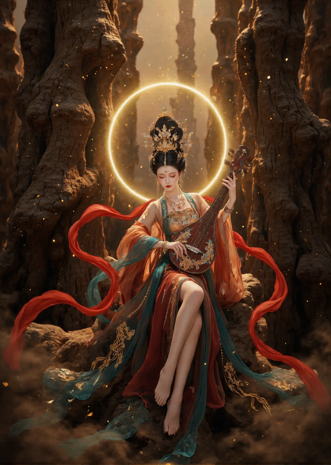 XUER Dunhuang apsaras,1girl,solo,short hair,black hair,hair ornament,ribbon,holding,jewelry,sitting,closed mouth,full body,closed eyes,barefoot,necklace,hair bun,bracelet,tree,makeup,beads,red lips,dancing,playing instrument,updo,fine art parody,
This is a highly detailed digital artwork depicting a traditional East Asian woman in a fantastical, ornate setting. The woman has a fair complexion and delicate features, with large, expressive eyes accentuated by elaborate eyeliner. Her dark, straight hair is styled in an elaborate updo adorned with gold and gemstone ornaments, including a large, ornate headdress that resembles a phoenix or peacock.
She wears a rich, semi-transparent dress with intricate gold embroidery and a red sash flowing behind her. Her jewelry is equally elaborate, featuring gold and gemstone pieces that include a large, ornate necklace, matching earrings, and a bracelet.
The background is a fantastical, ethereal landscape with a large, glowing, golden sun behind her. Sparkling, golden particles float around her, adding to the magical ambiance. The texture of the background suggests a mix of natural and otherworldly elements, with large, rough tree trunks and a golden, glowing mist.
The overall style of the artwork blends traditional Asian aesthetics with a modern, hyper-realistic digital rendering, creating a striking and immersive visual experience.
wearing a traditional Tang dynasty court dress adorned with intricate gold and blue embroidery,The woman's hair is styled in an elaborate bun with a golden hairpin.red lotus forehead mark,red forehead mark,
Featuring daily style, rich details, authentic skin details, ultra-high resolution, 32K UHD, best quality, masterpiece, exquisite details, delicate details, natural textures, soft lighting, sharpness, masterpiece, best quality (ray tracing), surrealism, photo realism, epic realism, this is a truly high-definition photo, stacked into composition, diagonal composition, complex details, epic, photo realism
,Soft light source, color correction, white balance,color graded cinematic,atmospheric lighting,award film grain,A shot with tension,(Visual impact,giving the poster a dynamic and visually striking appearance:1.2),impactful picture,Depth of field, insanely interplay between lights and shadows,