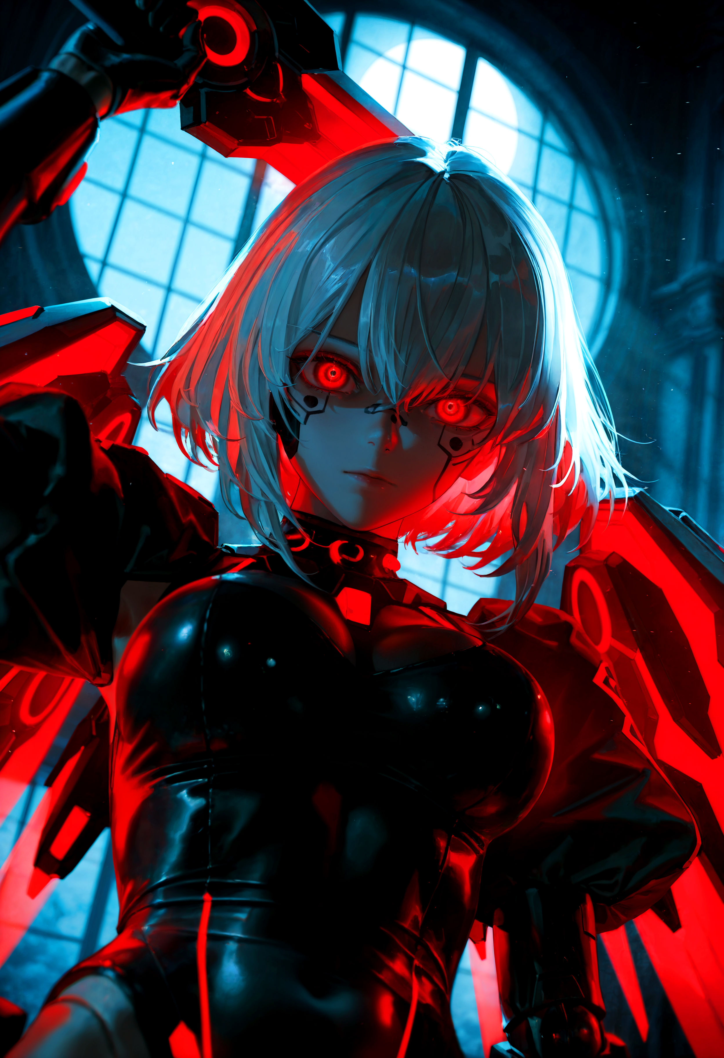 HDR, 8K, high contrast, masterpiece, best quality, amazing quality, very aesthetic, superabsurd res, high resolution, ultra-detailed, absurdres, newest, scenery, (horikoshi kouhei:0.3), (quasarcake:0.3), (wlop:0.3), light rays, chiaroscuro, dynamic angle, (straight on, front facing), from below, fts_3rdprecept, 1girl, pale skin, doll joints, cyborg, facial tattoo, red eyes, artificial eye, mechanical eye, facial mark, white hair, grey hair, medium hair, bangs, hair between eyes, large breasts, mechanical wings, armor, mecha musume, bodysuit, leotard, black leotard, highleg, black gloves, (holding weapon), half body portrait, posing, breast focus, looking at viewer, expressionless, shaded face, glowing eyes, moonlit, moon light, dim lighting, dark room, night time, window, red aura, fog, glowing, partially illuminated, (backlighting), Intricately designed, Mysterious Shadows, BREAK, photorealistic, beautiful detailed eyes, detailed skin, detailed hair, volumetric lighting, dappled light, light particles, dramatic shadows, cinematic lighting, photo background, depth of field, <lora:ponyxl\cfg_scale_boost:0.8> <lora:IL\KMS_FTS_3rdPrecept_IL-000009:0.7>