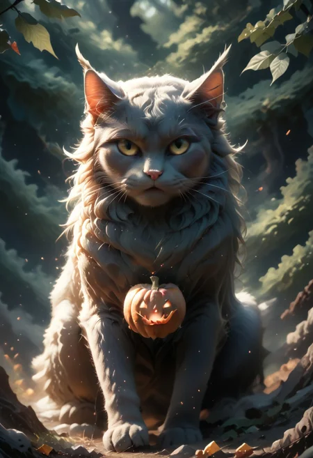 PonyXLV6_Scores, score_9, score_8_up, score_7_up, masterpiece, 2 kittens, playing, hollowed out pumpkin, head poking out of pumpkin, 2 cats, gray cats, cat eyes, AP, mythical beast, white cat, falling leaves, bats flying, spooky scene, dark, forest, sign saying "Need BUZZ to feed these angels"