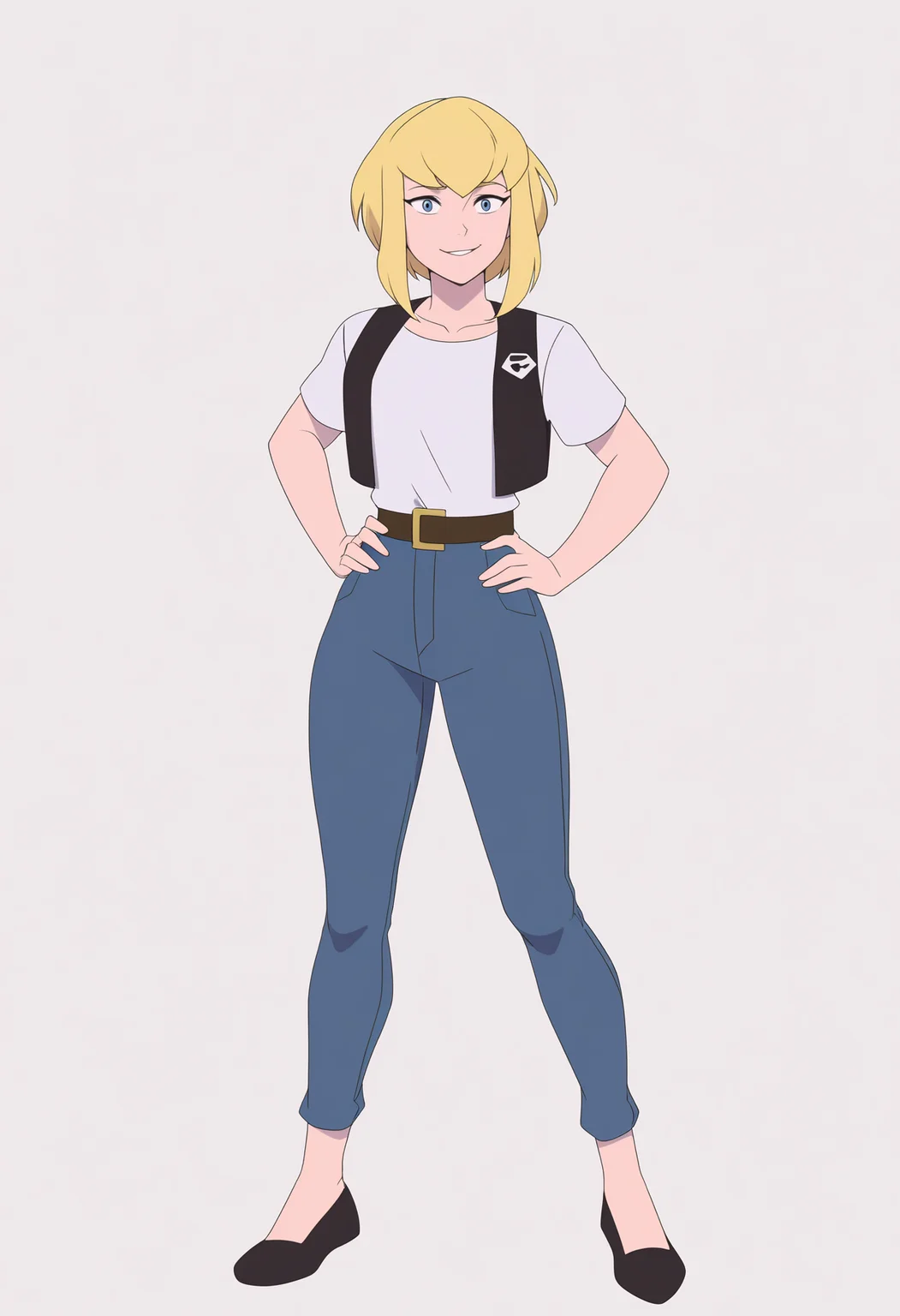 masterpiece, best quality, very aesthetic, absurdres,
1girl, karazorel, blonde hair, blue eyes, short hair,
vest, white shirt, belt, black shoes, jeans,
hands on hips, full body, standing, smile, solo, looking at viewer, simple background, white background <lora:KaraZorelNoobXL_byKonan:1>