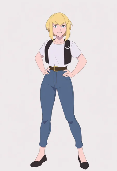 masterpiece, best quality, very aesthetic, absurdres,
1girl, karazorel, blonde hair, blue eyes, short hair,
vest, white shirt, belt, black shoes, jeans,
hands on hips, full body, standing, smile, solo, looking at viewer, simple background, white background <lora:KaraZorelNoobXL_byKonan:1>