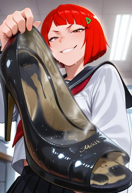 masterpiece, source_anime, close_up, upper_body_shot, 1girl, evil smug, red hair, bobcut, hairclips, . solo, school uniform, serafuku, shoes removed, holding shoe, black shoe, high heels, looking at viewer, , looking_at_viewer, from below, , , stinky shoe:1.9, steaming shoe:1.4, well worn shoe, filthy shoes:1.9, office, , steaming shoes, musck clooud from shoes, smelly shoes, worn heels, worn insoles, sweat stains, dirty shoes, dirty insoles, closeup, , indoor, sideview, , holding shoes, ((sniff)), sniffing red shoes,
