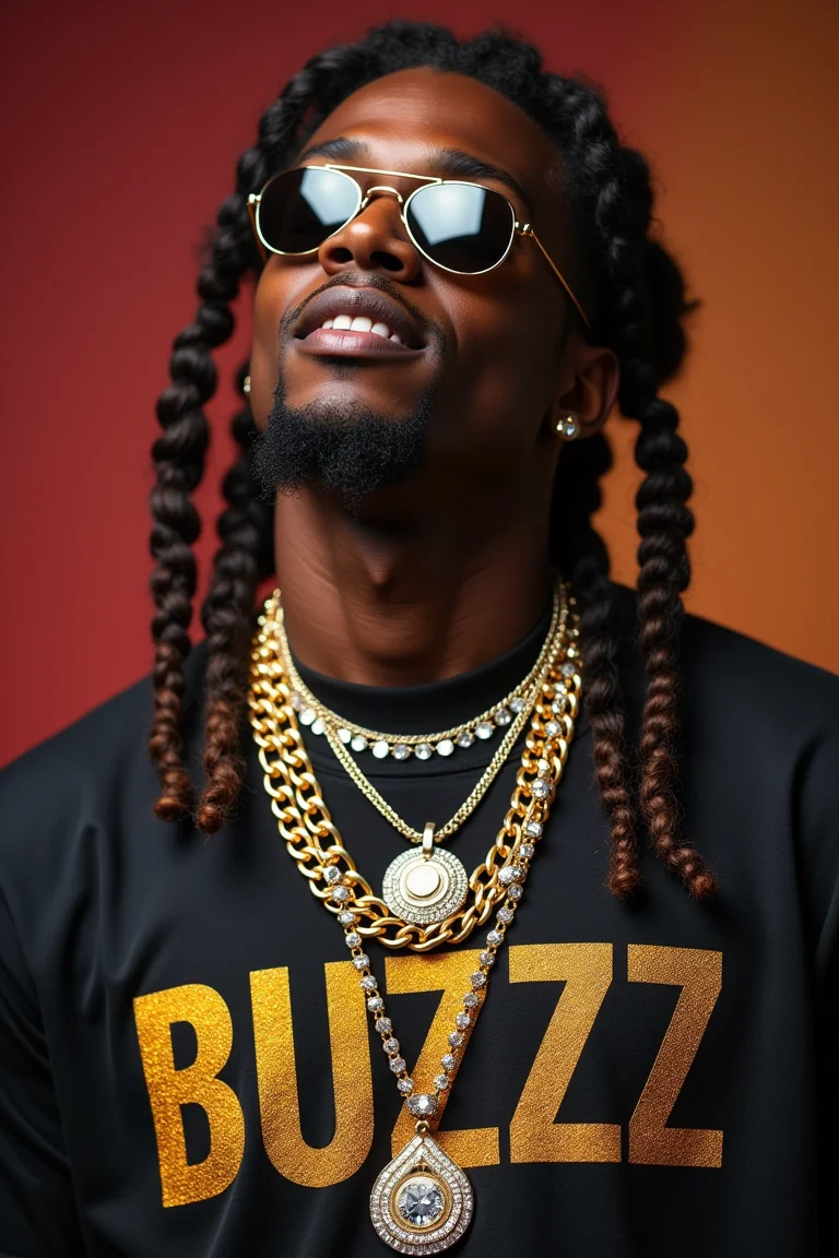 90s rapper with big bling hanging by his neck with the golden word "BUZZ"