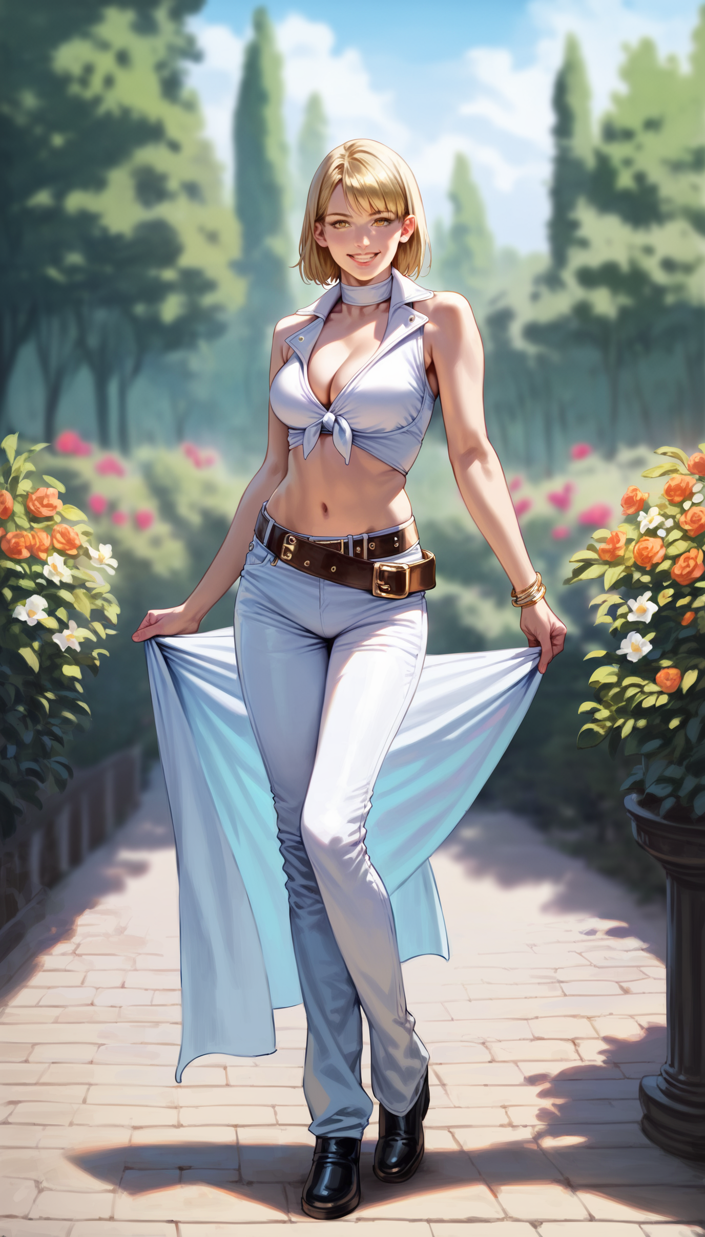 score_9,score_8_up,score_7_up,
realistic,analog photograph,(bloom:1.2),highly detailed,highres,photorealism,
<lora:ashleygraham:0.8>,ashleygraham,1girl,solo,
blonde bob,
golden eyes,looking at viewer,smile,
(pop star costume:1.2),sleeveless,belt,black shoes,
navel,
full body,
outdoors,blue sky,elegant mansion with a beautiful garden and courtyard,
vignetting,blurry background,