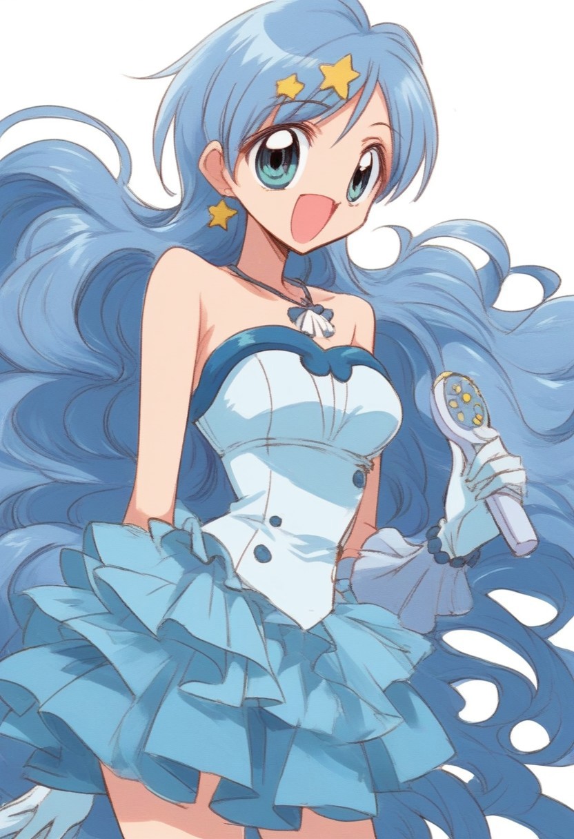 score_9,score_8_up,score_7_up, source_anime, <lora:hanon.pony:1>,hanon,blue hair,long hair,blue eyes,mini dress,gloves,boots,off shoulder,bare shoulder,shell necklace,wrist jewlry, standing, bend over, solo, looking at viewer, cowboy shot, dutch angle