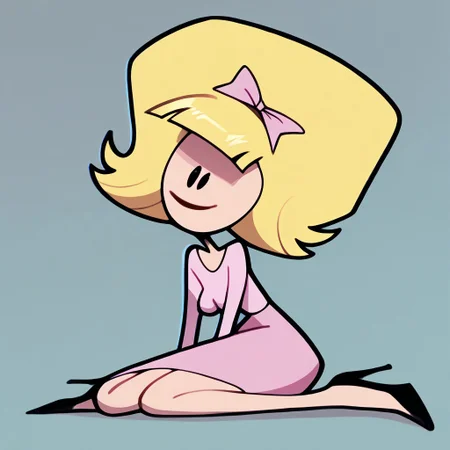 cartoon, score_9, score_8_up, score_7_up BREAK debTO, 1girl, tall blonde hair, big blonde hair, black eyes, pink bow, light pink shirt, longsleeved light pink shirt, pink skirt, pink high-heeled shoes, high-heeled shoes, source_cartoon,
