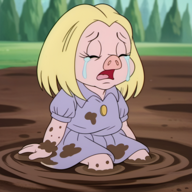 score_9, solo, 1girl, juldt2, child, furry, pig, blonde hair, dirty dress, parody, sad, open mouth, eyes closed, covered in mud, tears, crying, sitting in mud, retro artstyle, pigsty, blurry background, Volumetric Lighting, <lora:juldt2-000009:1>,