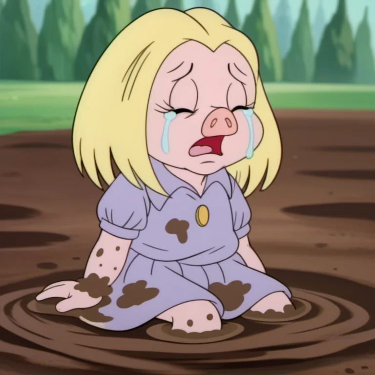 score_9, solo, 1girl, juldt2, child, furry, pig, blonde hair, dirty dress, parody, sad, open mouth, eyes closed, covered in mud, tears, crying, sitting in mud, retro artstyle, pigsty, blurry background, Volumetric Lighting, <lora:juldt2-000009:1>,