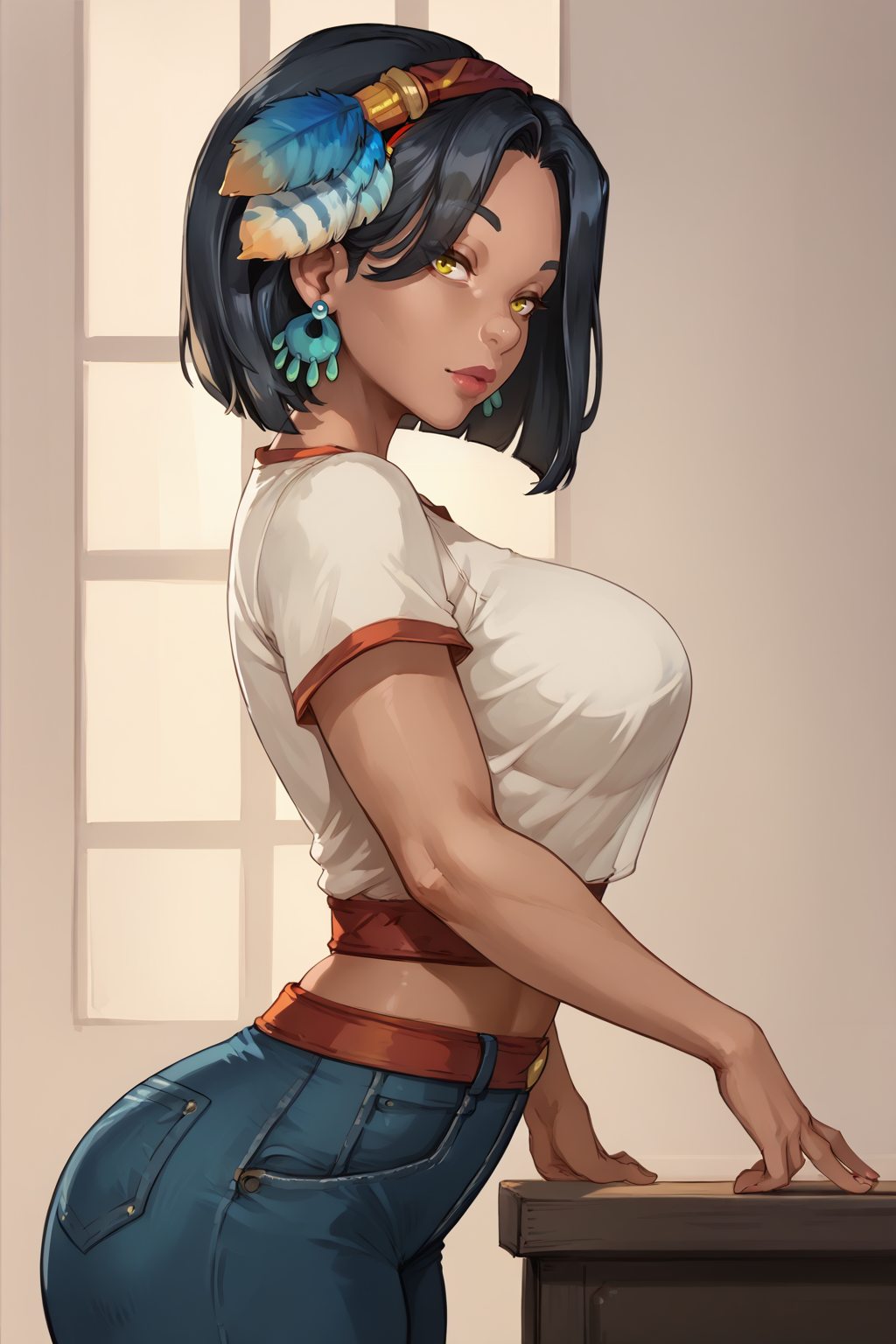 score_9, score_8_up, score_7_up, BREAK  <lora:NSSoniaPortia:1> NSSoniaPortia, dark-skinned female, black hair, medium hair, yellow eyes, red hairband, feather hair ornament, teal dangle earrings, high-waist jeans, white t-shirt, bend, side view, looking at the viewer, table, indoors, curvy