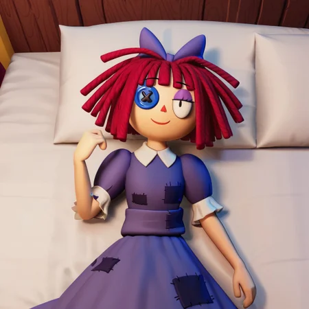 sleeping in bed, d_ll, 1girl,rag-doll, red yarn-like hair, flat orange triangular nose, blue button eye and black pupil in actual eye, purple bow in hair, purple dress with darker patches, white undershirt