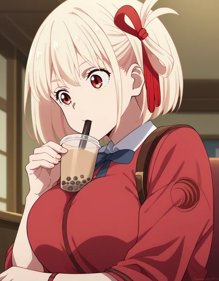 score_9, score_8_up, score_7_up, source_anime, chisatonishikigi, <lora:chisato-nishikigi-s1-ponyxl-lora-nochekaiser:1>, chisato nishikigi, short hair, bangs, blonde hair, red eyes, hair ribbon, one side up, bob cut,, <lora:bubble-tea-challenge-ponyxl-lora-nochekaiser:1>, bubble tea challenge, bubble tea, object on breast, drinking straw, drinking straw in mouth, drinking, cup,, indoors, sitting, looking down,, cowboy shot, dutch angle, large breasts,