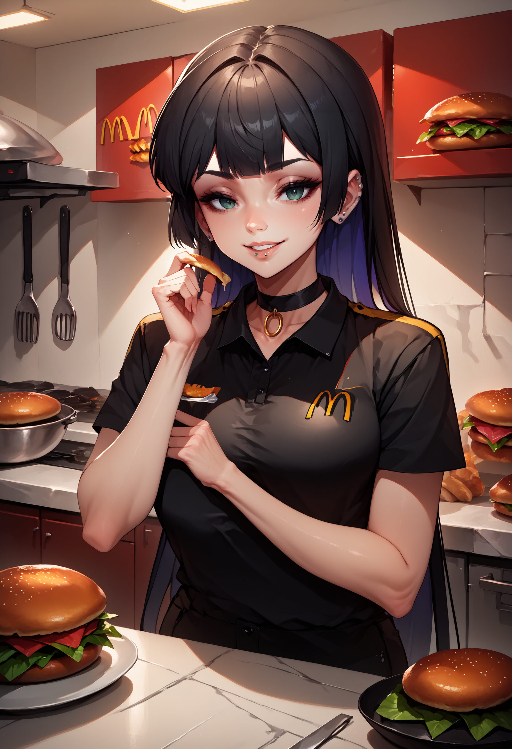 score_9, score_8_up, score_7_up, employee uniform, mcdonald's, black shirt, black pants, <lora:McDonaldsUniform_pdxl_Incrs_v1:1>, kitchen, food, <lora:Hoseki_BocchiTheRock_Pasan_PDXL_v2:0.8> pasan, colored inner hair, large breasts, ear piercing, chin piercing, hime cut, choker, seductive smile,