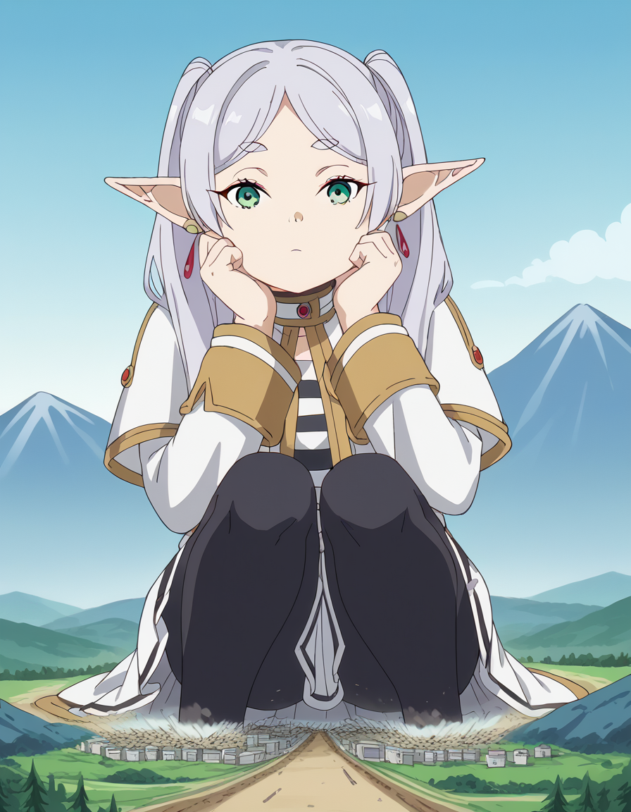 score_9, score_8_up, score_7_up, source_anime, <lora:frieren-s1-ponyxl-lora-nochekaiser:1>, frieren, long hair, twintails, green eyes, grey hair, pointy ears, elf, small breasts, anime screencap, shirt, long sleeves, jewelry, pantyhose, earrings, striped, black pantyhose, capelet, striped shirt, skirt, white skirt,, mountain trail, hiking, nature, backpack, adventure, fresh air, , <lora:giantess-ponyxl-lora-nochekaiser:1> giantess, giant, city, building, outdoors, destruction, sitting, squatting, hands on own cheeks,, looking at viewer, solo,, dutch angle, cowboy shot