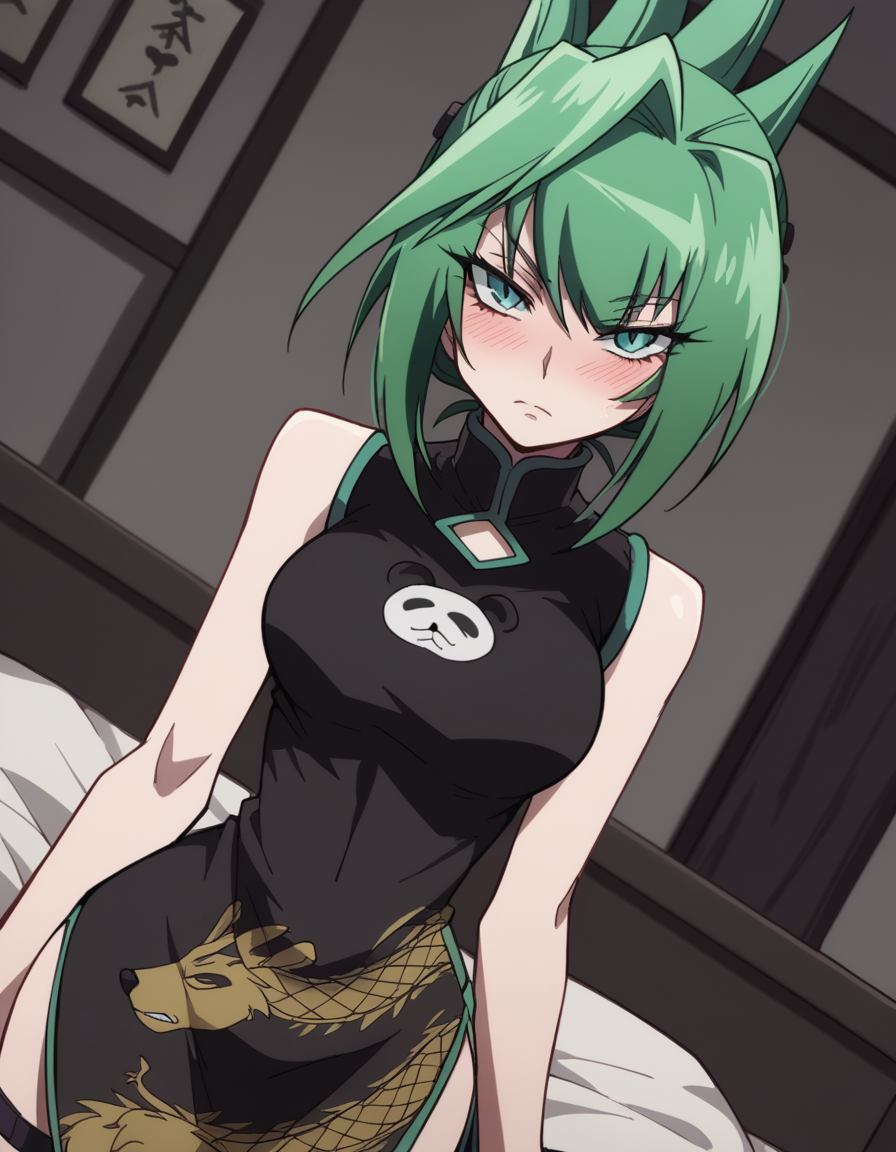 score_9, score_8_up, score_7_up, source_anime,
juntao, <lora:jun-tao-2021-s1-ponyxl-lora-nochekaiser:1>,
jun tao, green eyes, green hair, hair between eyes,
animal print, bear print, black dress, china dress, chinese clothes, dress, air, hip vent, panda print, side slit, sleeveless, sleeveless dress, thigh strap,
indoors, bed, bed room, on side, blush, drunk,
looking at viewer, cowboy shot, solo, dutch angle