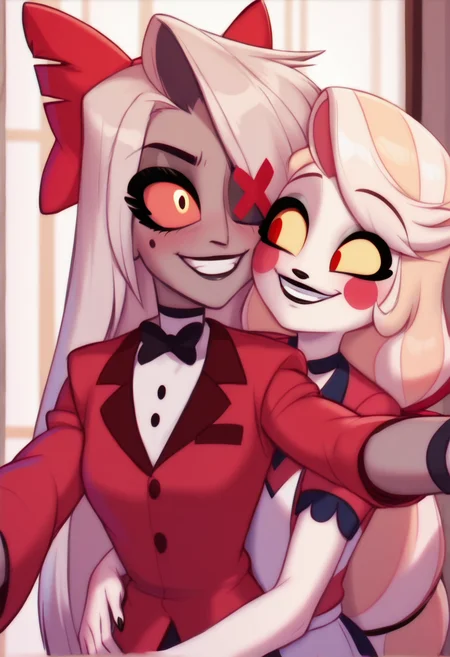 2girls, charlie, vaggie, <lora:hazbin_hotel_ponyxl_v1:1>, selfie, hug, smile, red jacket, black bowtie, white shirt, formal, red shirt, short sleeves, black choker, red hair bow,
BREAK
score_9, score_8_up, score_7_up, score_6_up, (screencap:0.5), <lora:PersonalAmi_PonyXL_resize:1>