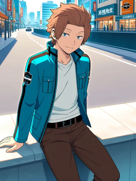 masterpiece, best quality, amazing quality, highres, ultra-detailed, absurdres, anime source, semi realistic, very aesthetic, BREAK, perfect anatomy, perfect proportions, more detail XL, BREAK, world trigger, city, street, outdoors, from front, cowboy shot, full body, sitting, relaxing, happy, looking at viewer, lounging, BREAK, solo, male focus, young boy, jin yuichi, brown hair, swept-back hair, hair over ears, blue eyes, white shirt, blue jacket, open jacket, brown pants, black belt