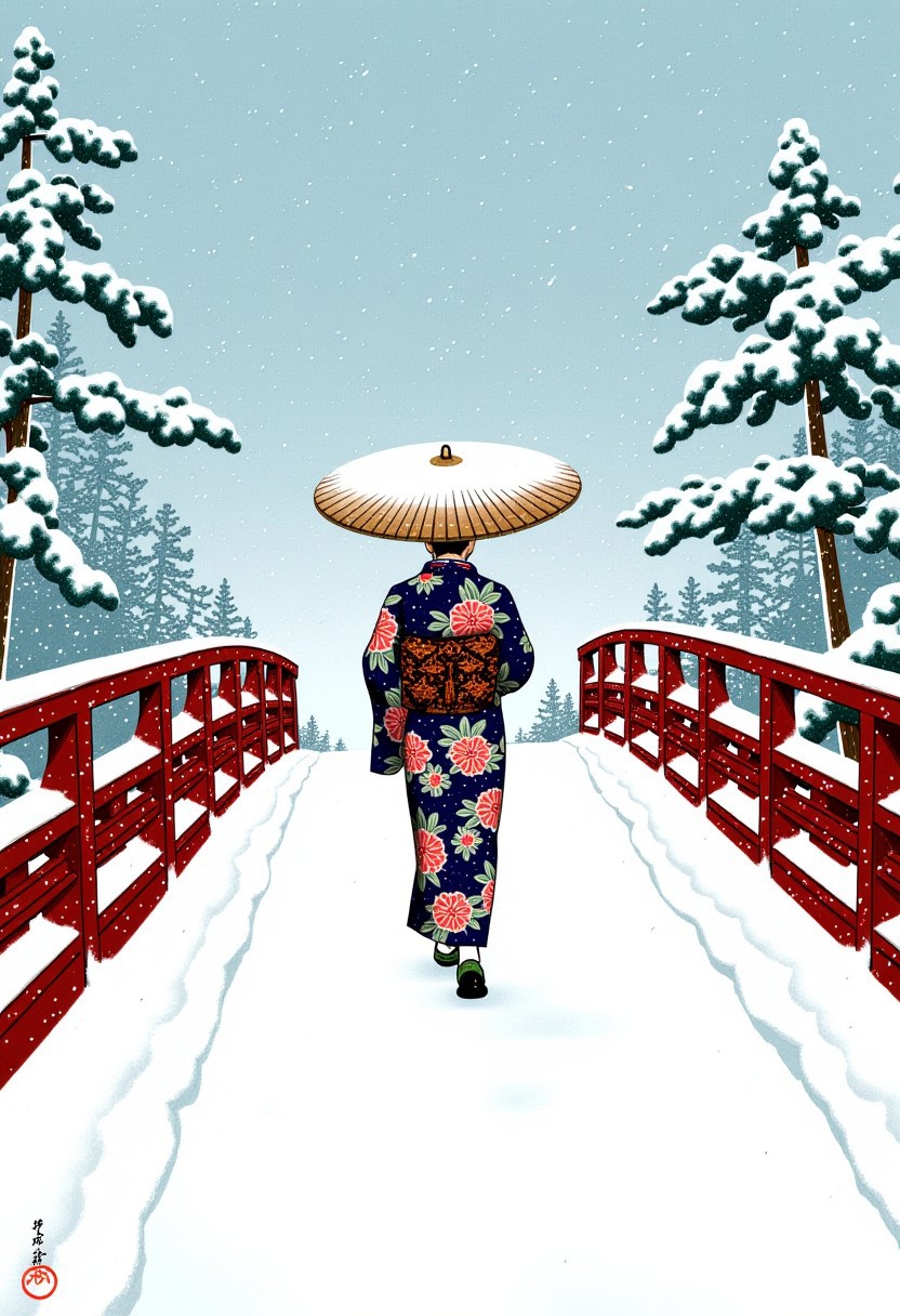 A woman in a kimono holding a wooden umbrella, she is walking in a snowstorm. Snow is  blowing all around. A scene of beautiful white snow. On top of a Japanese bridge. Hkawa