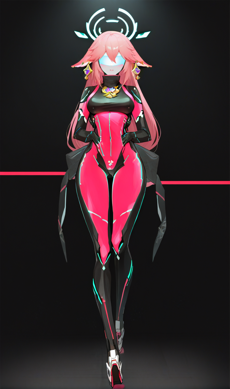 Score_9, score_8_up, score_7_up, score_6_up,  source_anime, 1girl, solo, full body, black backdrop, robot girl,  neon trim, glowing bodysuit, halftones, medium breasts, halo, glowing visor,  <lora:HORiZON_DOLLS_by_EchanisEnicha-000010:1>, BREAK,  yae miko,