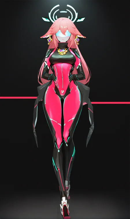 Score_9, score_8_up, score_7_up, score_6_up, source_anime, 1girl, solo, full body, black backdrop, robot girl, neon trim, glowing bodysuit, halftones, medium breasts, halo, glowing visor, <lora:HORiZON_DOLLS_by_EchanisEnicha-000010:1>, BREAK, yae miko,