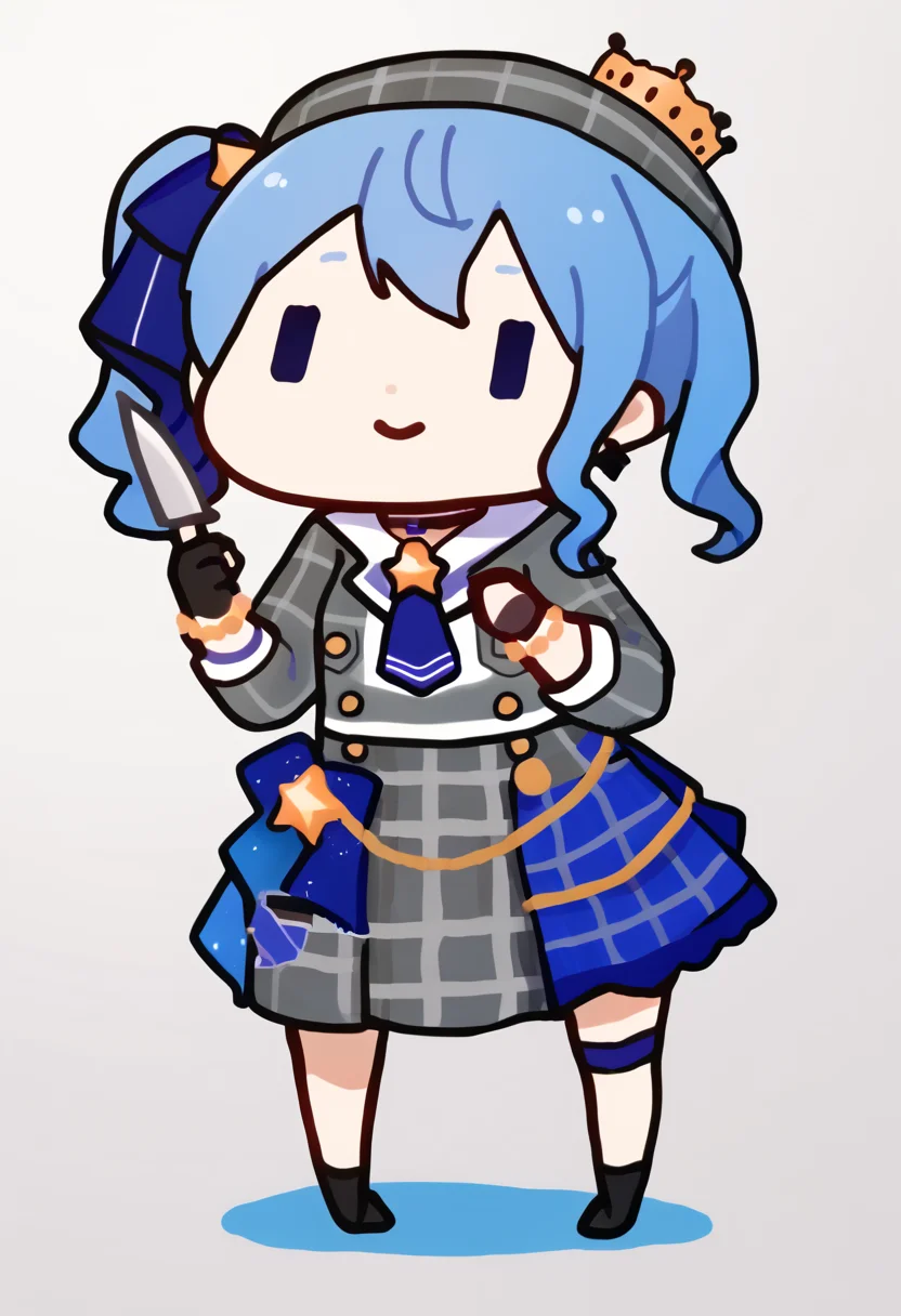 score_9, score_7_up, <break> chibi, flat color, simple background, white background, full body, solo, 1girl, SuiseiBase, smile, standing, holding knife, side ponytail, plaid beret, crown, blue star choker, star earrings, blue ascot, grey plaid jacket, grey plaid skirt, layered skirt, partially fingerless gloves, star bracelet, uneven legwear, thigh strap
