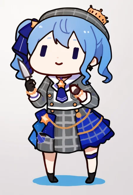 score_9, score_7_up, <break> chibi, flat color, simple background, white background, full body, solo, 1girl, SuiseiBase, smile, standing, holding knife, side ponytail, plaid beret, crown, blue star choker, star earrings, blue ascot, grey plaid jacket, grey plaid skirt, layered skirt, partially fingerless gloves, star bracelet, uneven legwear, thigh strap