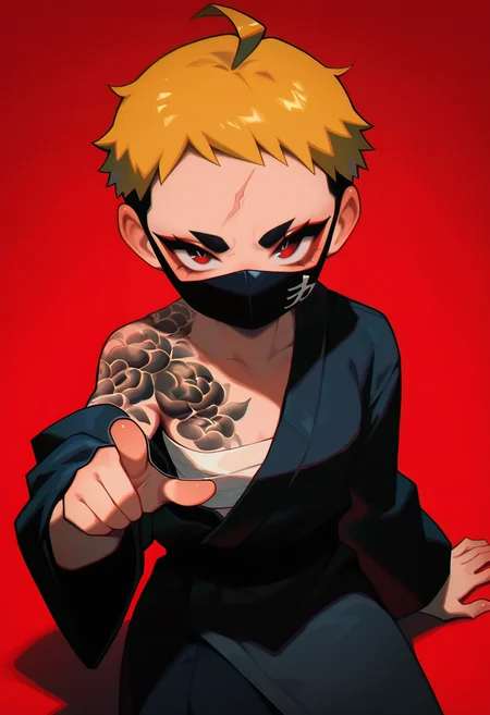 1girl,   yellow hair,  very short hair,    ahoge, crimson eye,     
BREAK  1girl,  cowboy shot, from above, looking at viewer, sitting, on floor, hand on floor, looking up, looking at viewer, pointing at viewer, from above, three quarter view,         
BREAK           face mask,        samurai, single bare shoulder, sarashi, full-body tattoo, black kimono, japan, japanese culture, (red background),       
BREAK general, masterpiece, best quality, absurdres, highres, newest, <lora:Corvidae_v1.1:0.8>