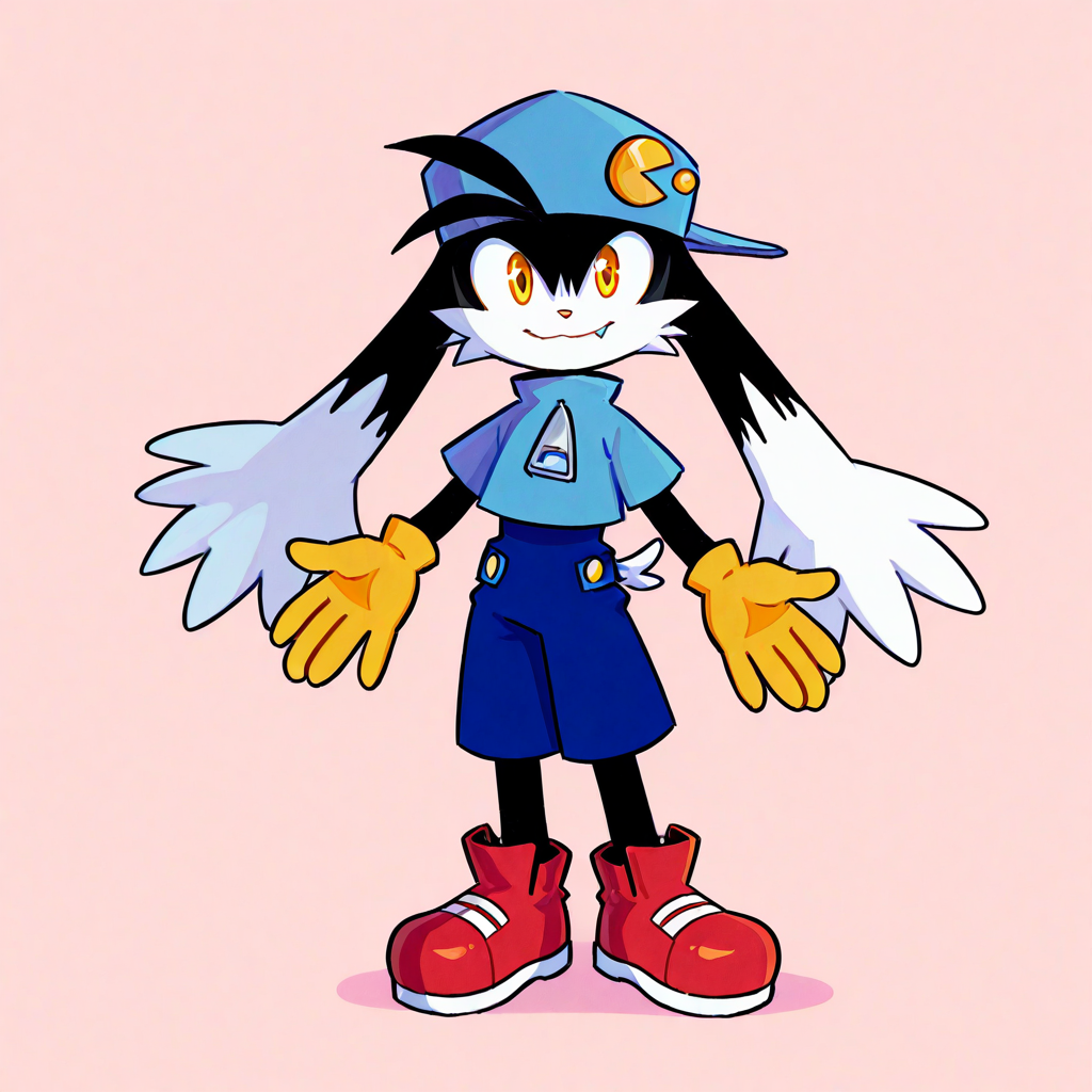 highres, incredible quality, 2d, detailed face:1, detailed eyes:1, detailed hands, detailed eyes, good anatomy, 1boy, anthro, furry, furry male,source_anime,pastel colors,2dstyle, no shading,lineless,flat color,klonoa, black fur, yellow eyes,yellow gloves,blue hat,blue shirt,blue shorts,red shoes, looking at viewer, smile, fangs, closed mouth