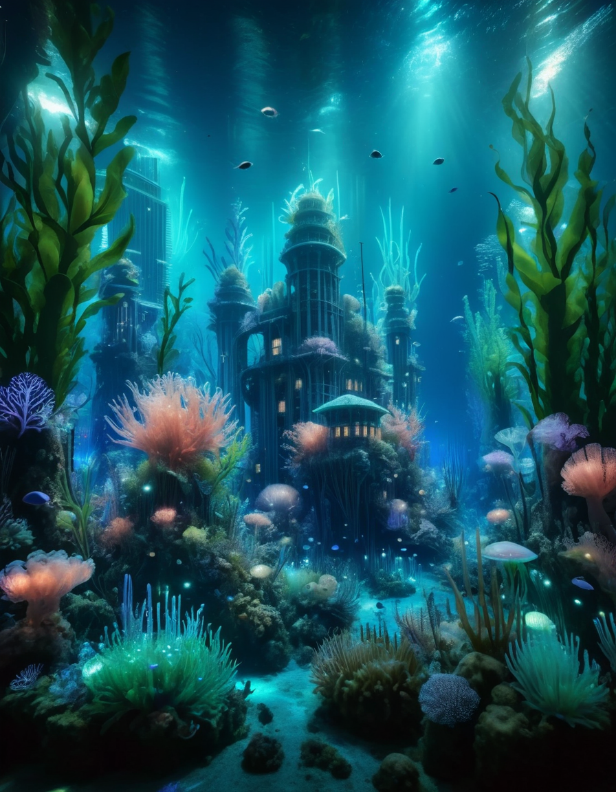 An enchanting underwater city, illuminated by bioluminescent plants and creatures, with merpeople swimming among coral skyscrapers <lora:ral-undrwtscn-sdxl:1> ral-undrwtscn