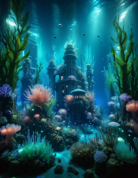 An enchanting underwater city, illuminated by bioluminescent plants and creatures, with merpeople swimming among coral skyscrapers <lora:ral-undrwtscn-sdxl:1> ral-undrwtscn