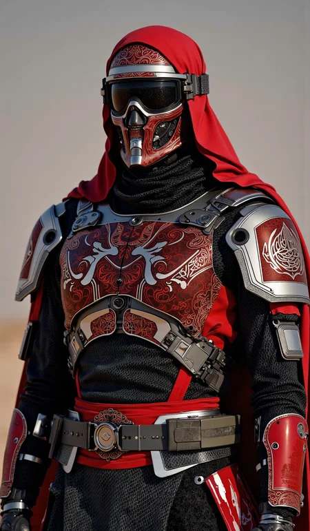 Futuristic Arabic warrior in armored Arabic clothes traditions style suit , sleek red and black exoskeleton integrated with traditional Middle Eastern dress silhouette , high-tech hijab helmet with neural interface patterns , tactical bisht cloak with carbon fiber weave , ornate Islamic geometric patterns etched into armor plates , modern interpretation of Arabian warrior aesthetics , cybernetic enhancements with glowing Arabic calligraphy , metallic fabric with subsurface light patterns , combat visor with augmented reality display , desert warfare color scheme in crimson and obsidian , clean minimal background with atmosphere , dramatic side lighting , photorealistic materials and textures , ultra detailed mechanical parts , 8k resolution , ar 9:16 , s 1000 , q 2 , style raw , cinematic lighting