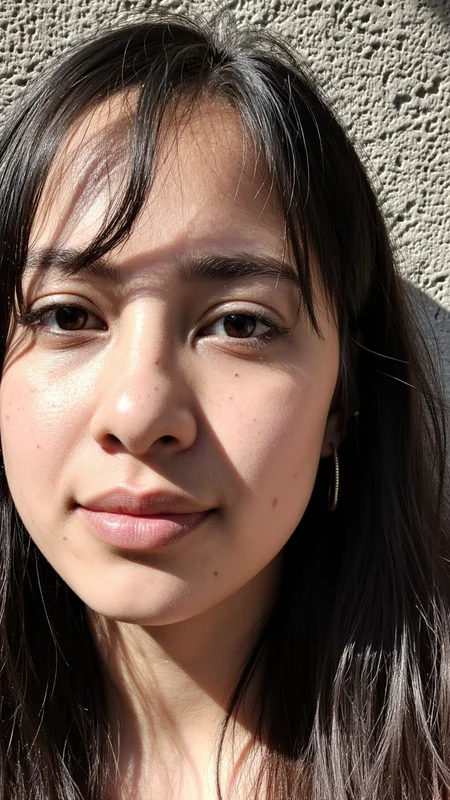 early 2010s snapshot photo captured with a phone and uploaded to facebook, A close-up portrait of a young woman in her early 20s with dark hair and brown eyes, looking directly at the camera. She has minimal makeup and is wearing small hoop earrings. Natural sunlight casts soft shadows across her face, highlighting her natural skin texture and freckles. The background is a textured concrete wall.