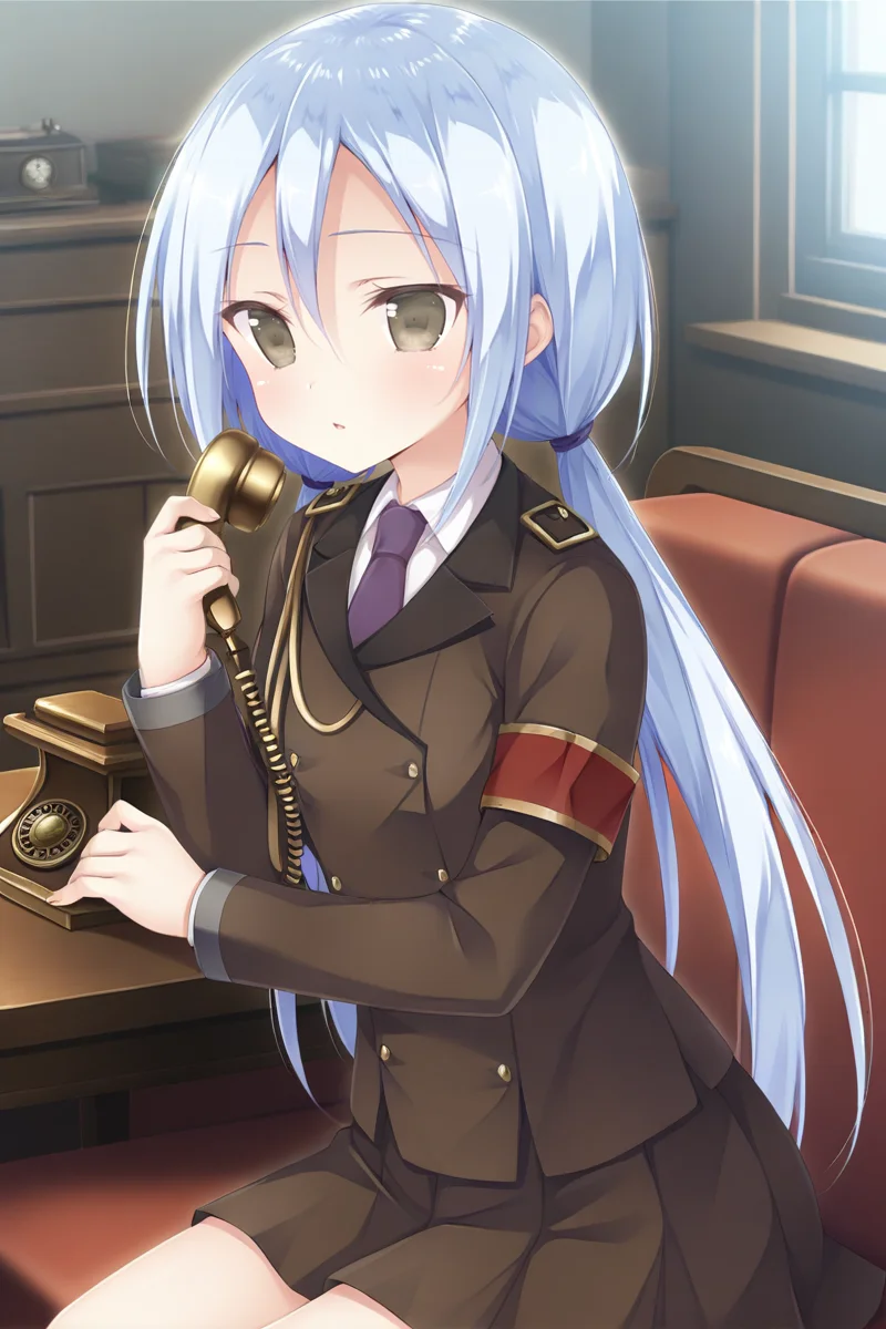 masterpiece,best quality,amazing quality,highres,scenery,newest,1girl,official style,araragi,twintails,blue hair,brown eyes,long hair,low twintails,araragi daily,skirt,purple necktie,necktie,pleated skirt,jacket,uniform,low twintails,military uniform,military,brown skirt,long sleeves,black skirt,shirt,armband,<lora:yingyun-araragi:1>,indoors,sitting,sofa,from side,antique phone,desk,holding antique phone,no hat,