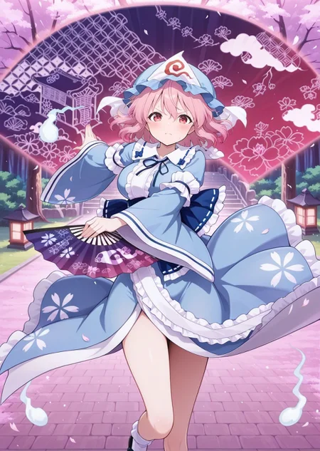 absurdres, highres, masterpiece, best quality, amazing quality, official anime artwork, screencap, anime screencap, looking at viewer, dynamic pose,
sakura tree, fighting stance, serious, floating hair, petals, danmaku, hitodama,
<lora:Yuyuko-FanAura-000019:0.8> yuyuko-fanaura, saigyouji yuyuko's fan design, butterfly, background, lantern,
<lora:Yuyuko-Saigyouji_IllustriousV3:1> saigyouji yuyuko, 1girl, solo, pink eyes, pink hair, short hair, large breasts,, blue hat, mob cap, triangular headpiece, blue neck ribbon, blue kimono, frilled kimono, long sleeves, wide sleeves, floral print, blue ribbon, white socks, black sandals, folding fan, hand fan,