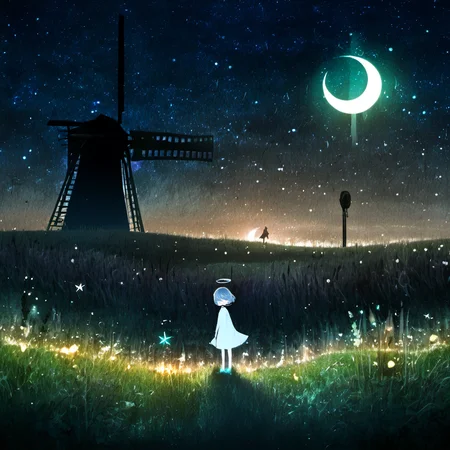 <lora:star_xl_v2:1>,
a person standing in a field of grass under a dark sky with a moon in the background and a windmill in the distance, 1girl, solo, short hair, flower, outdoors, sky, night, halo, moon, grass, star \(sky\), night sky, scenery, starry sky, dark, from behind, tree, glowing, angel, crescent moon, The image portrays a mesmerizing nighttime landscape. Dominating the scene is a vast, starry sky filled with countless stars and a radiant celestial body, possibly a moon or planet, casting a glow. The ground is covered in a luminescent, glowing grass that seems to be swaying in the wind. To the right, there's an old windmill, its sails and blades silhouetted against the cosmic backdrop. In the foreground, a lone figure, possibly a child, stands amidst the grass, gazing up at the celestial display. The overall ambiance of the image is ethereal and dreamlike, evoking feelings of wonder and contemplation., mesmerizing nighttime landscape, vast starry sky, radiant celestial body, luminescent grass, old windmill, sails, blades, child, ethereal dreamlike ambiance
