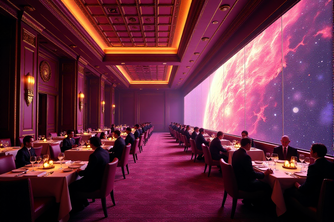 "Visualize the opulent and absurd interior of Milliways, the Restaurant at the End of the Universe. The scene is a vast, geometrically precise dining hall, with tables arranged in perfect rows stretching towards an infinitely receding horizon. The color palette is a rich, almost decadent blend of deep purples, golds, and reds. Diners, a bizarre collection of alien species in outlandish attire, sit in perfect stillness, observing the spectacular destruction of the universe unfolding through enormous, panoramic windows that dominate one wall. The lighting is dramatic and theatrical, highlighting the surreal nature of the event. Focus on the stillness of the diners juxtaposed with the cosmic chaos outside, conveying a sense of detached, almost bored acceptance of the ultimate end. 8k resolution, hyperrealistic rendering, symmetrical composition, rich and decadent color palette, surreal and theatrical lighting, Kubrickian dark humor aesthetic."  <lora:cinematic film IMAX70mm Filmstrip style v1:0.8> cinematic film style, IMAX70mm , filmstrip borderâââ