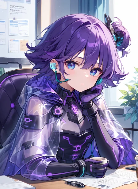 score_9, score_8_up, score_7_up, high quality, 1girl , solo .backup sceretary , purple hair, cape, short hair, gloves, see-through,earphone,  Hair accessories
SittingãTable. (chin_restï¼1.1)looking_at_viewer
<lora:add-detail-xl:0.5>.  office.  front view     <lora:backup sceretary v8:1.2>Something is on the table. Coffee cup is on the table.