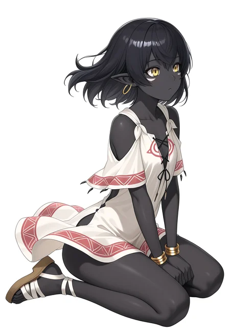 Smooth Quality,masterpiece,beautiful aesthetic, very intricate, high quality details, ultra realistic, high detailed skin
simple background, white background,
front view,kneeling, hands on thighs, head slightly tilted, neutral expression, focused gaze, ,\(^o^)/,
wind,
<lora:ZadirisCnn:0.8> Zadiris/cnn, zadiris/base, 1girl, pointy ears, earrings, short hair, bracelet, facial mark,dress, sandals,yellow eyes, thighs, small ass,
black hair, black skin, colored skin,